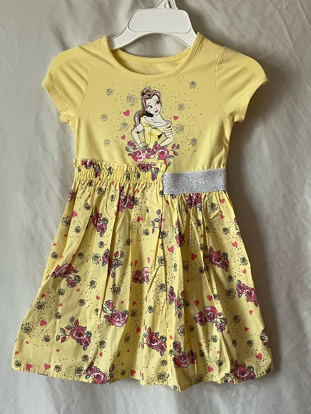 Disney Yellow Floral Belle Graphic Skater Dress with Silver Waistband size 5